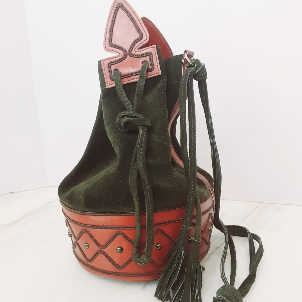 VTG YVES STAINT LAURANT ANJA Green Suede Caramel Leather Mini Bucket Bag - Picture 5 of 13